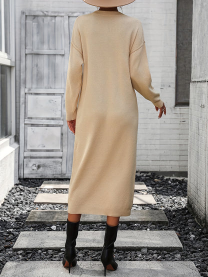 Button Front Midi Knit Dress, Elegant Long Sleeve Solid Color Dress For Spring & Fall, Women's Clothing