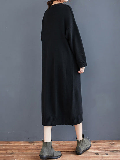 Loose Casual Solid Color V-Neck Long Sleeves Knitted Midi Dress