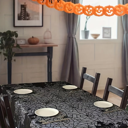 1pc, Halloween Lace Tablecloth With Spiderweb & Skull Pattern, Black Polyester Rectangular Table Cover For Halloween Party Decor, Spooky House And Pumpkin Design