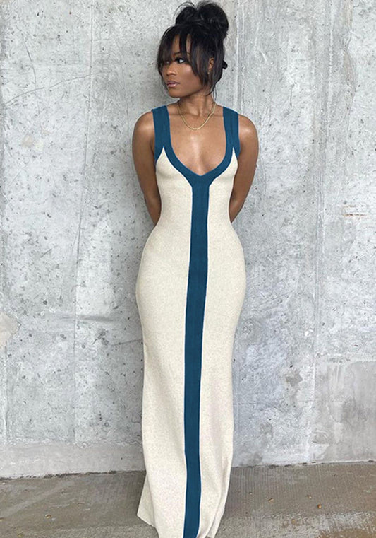 Women's Sexy V-Neck Wide Shoulder Strap Contrasting Color Slim Chic Dress Beach Holidays Long Dress