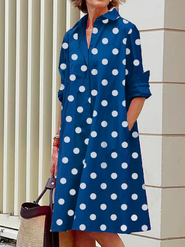 vmtvr - Vintage Long Sleeves Polka Dot Lapel Midi Dresses