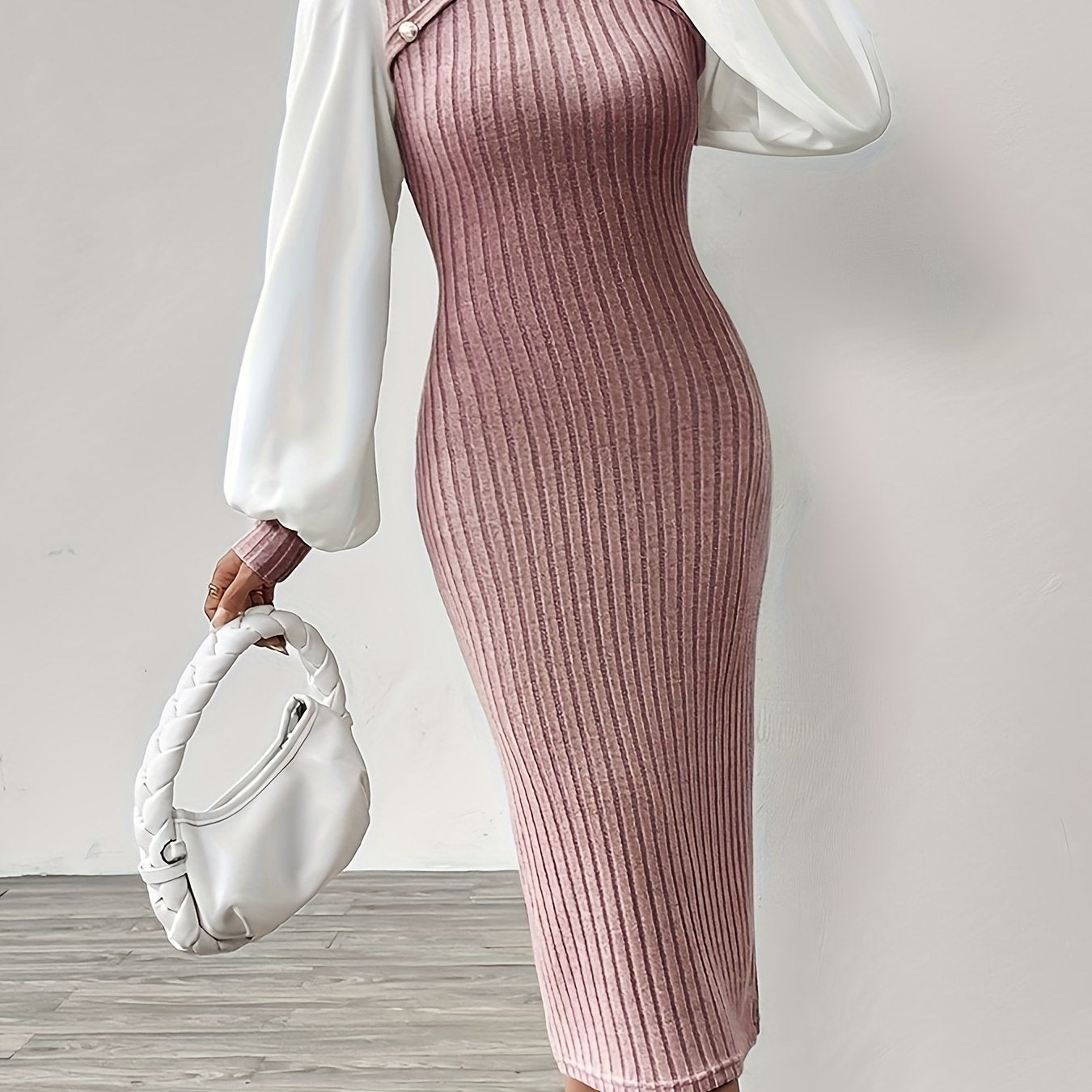 Ribbed Knit Button Decor Sheath Dress, Elegant Mock Neck Lantern Sleeve Midi Length Dress, Women's Clothing