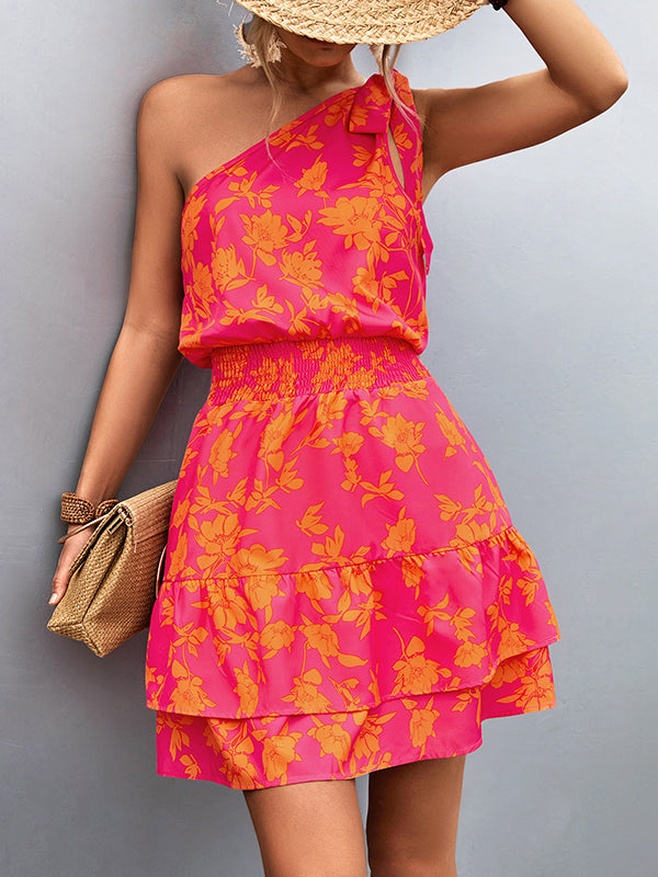 vmtvr - A-Line Sleeveless Elasticity Flower Print Split-Joint Tied Tiered One-Shoulder Mini Dresses