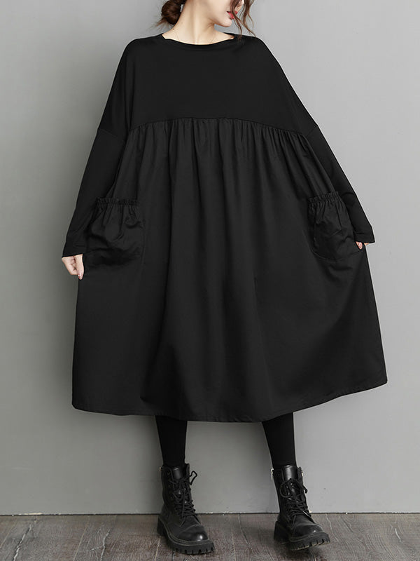 Simple Loose Black Split-Joint Long Sleeves Midi Dress