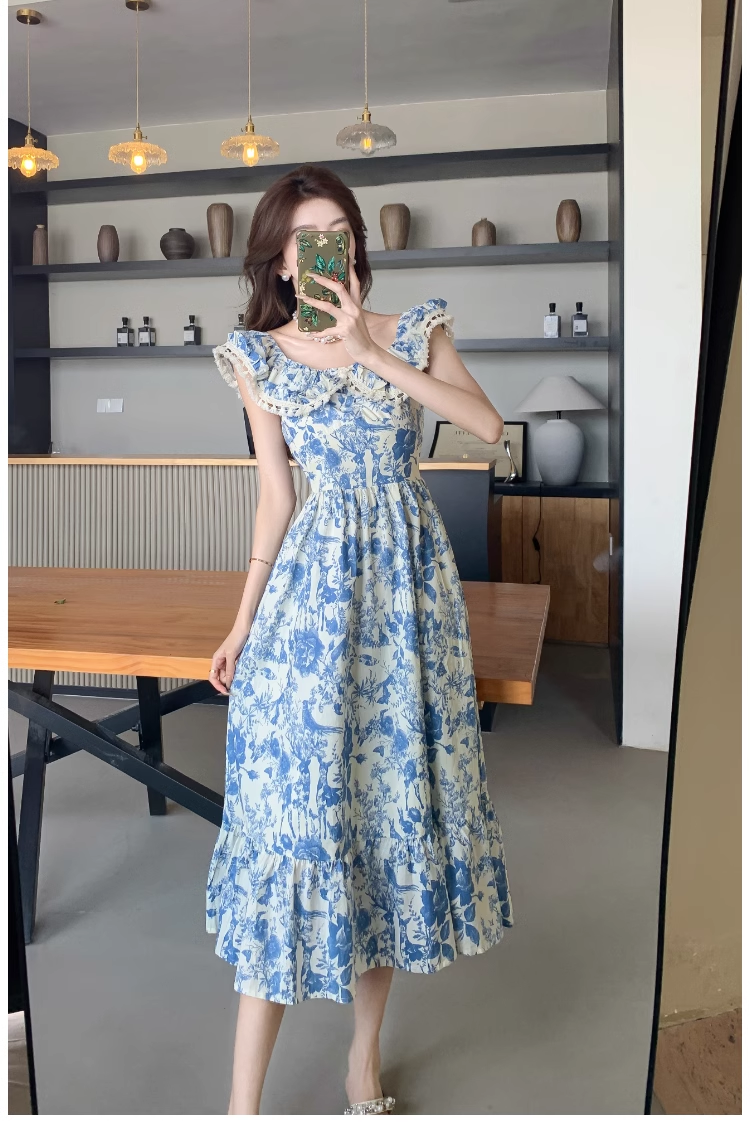 - Women's summer blue oil painting floral dress GEU1159