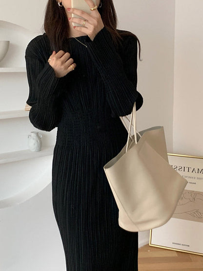 vmtvr - Simple Long Sleeves Black Split-Joint Elasticity Waist Pleated Midi Dress