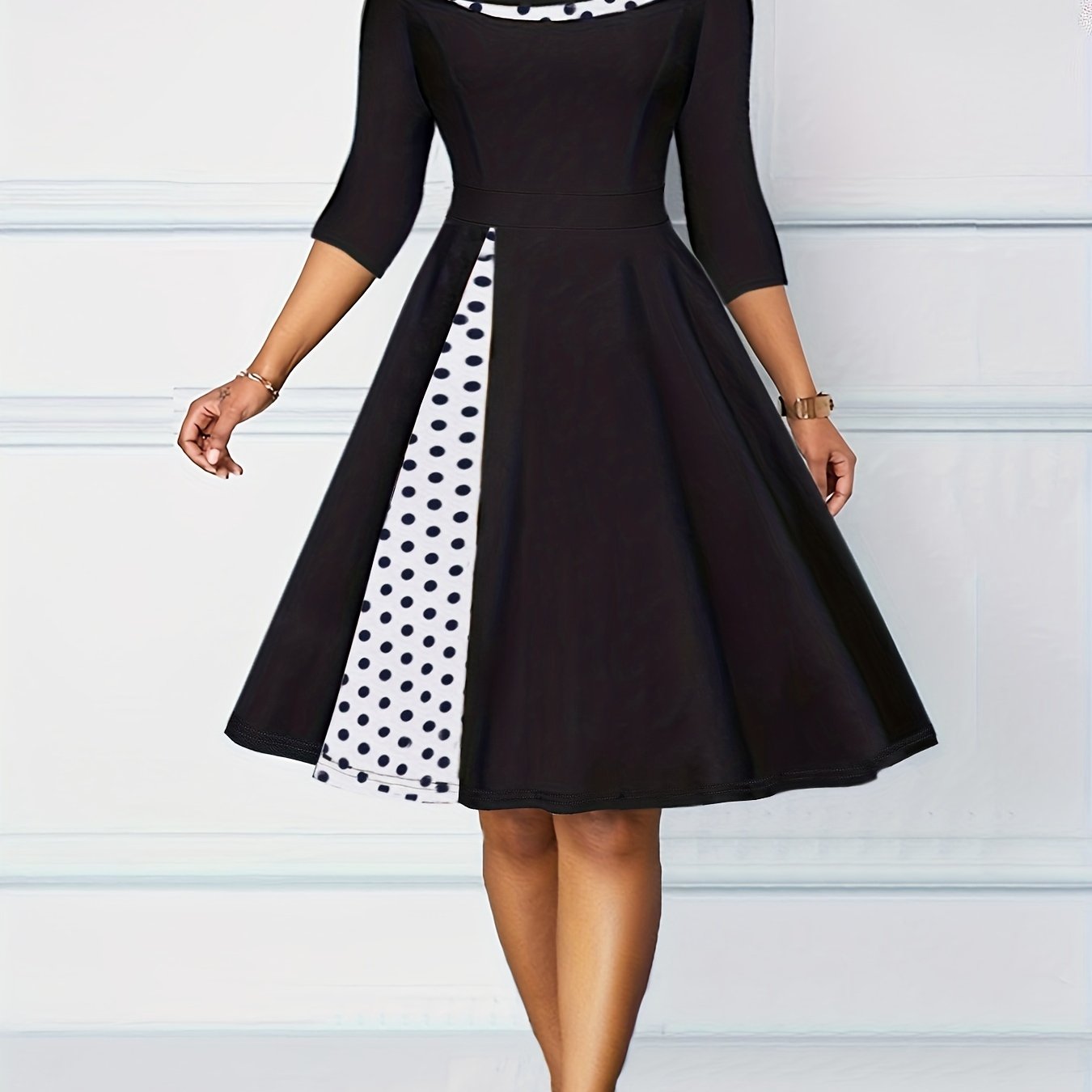 Vintage Retro Polka Dot A-line Dress - Flattering 3/4 Sleeves, Comfortable Casual Style - Feminine & Timeless Fashion for Women