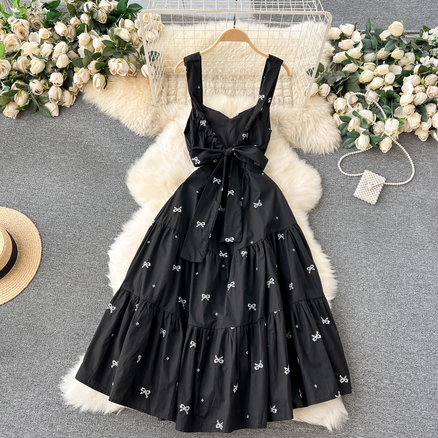 - Embroidered bow tie mid-length resort style suspender dress  GEU1203