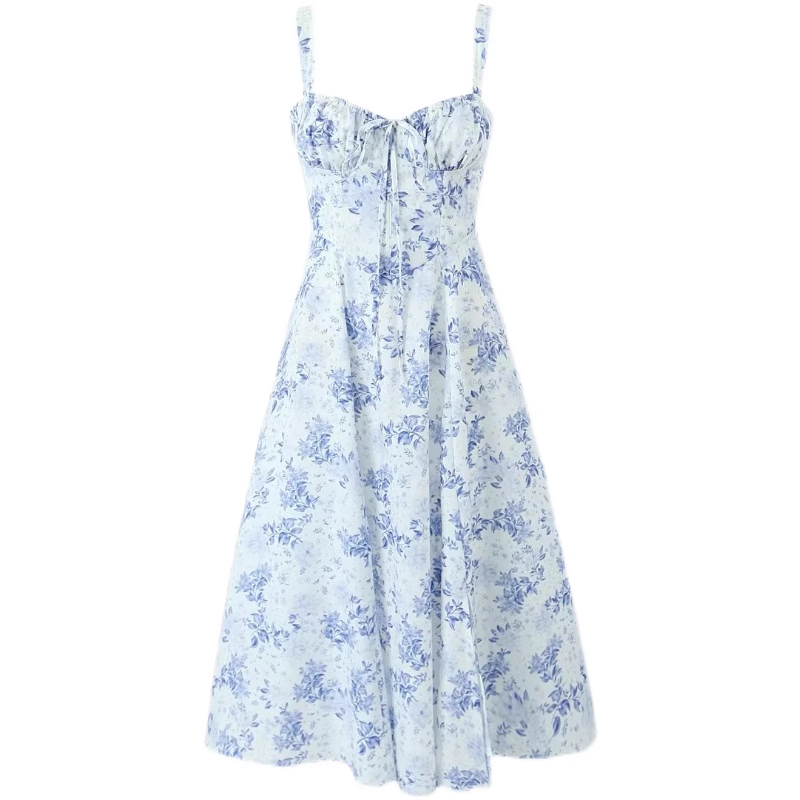 - Blue and white porcelain print mid-length slip dress GEU465