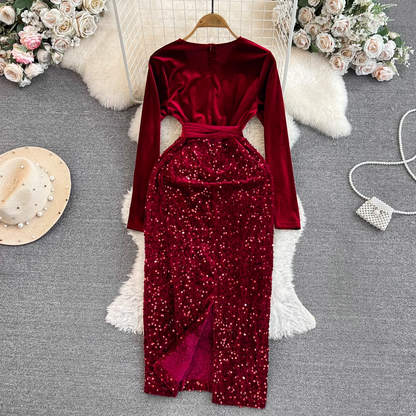 - Long-sleeved V-neck waist slimming mid-length velvet spliced sequin dress GEU828