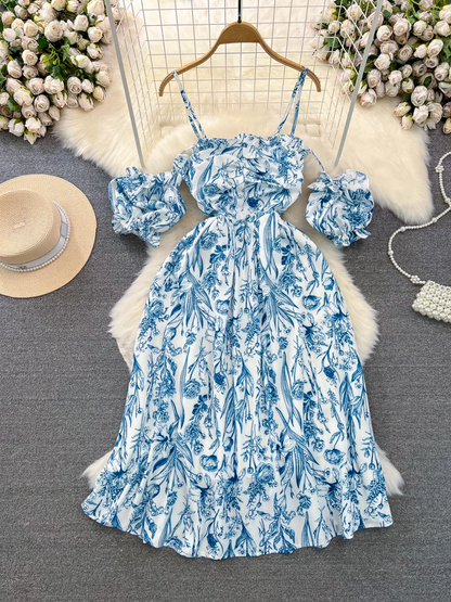 - Beach dress seaside vacation a-line floral suspender dress  GEU874