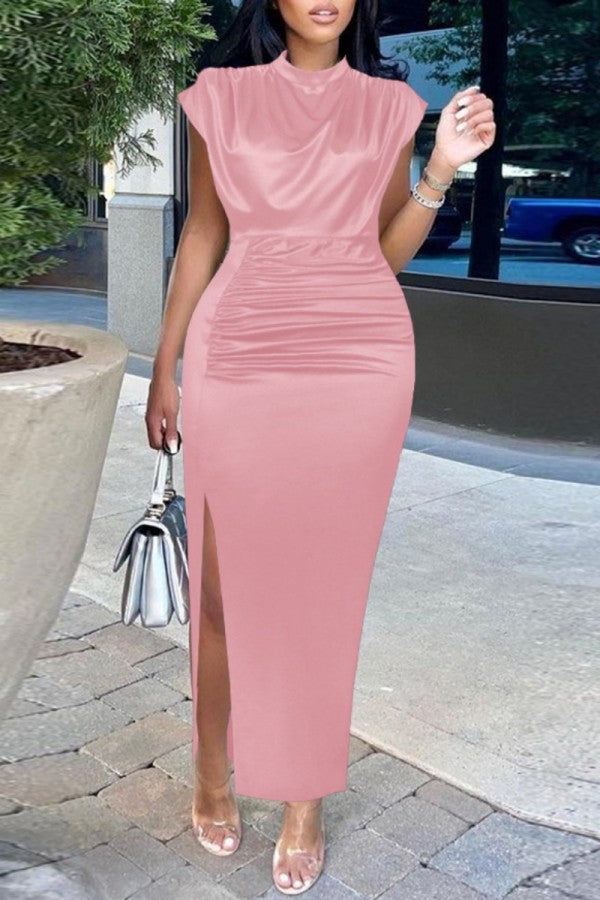 vmtvr - Pink Fashion Sexy Solid Slit Fold Half A Turtleneck Evening Dress