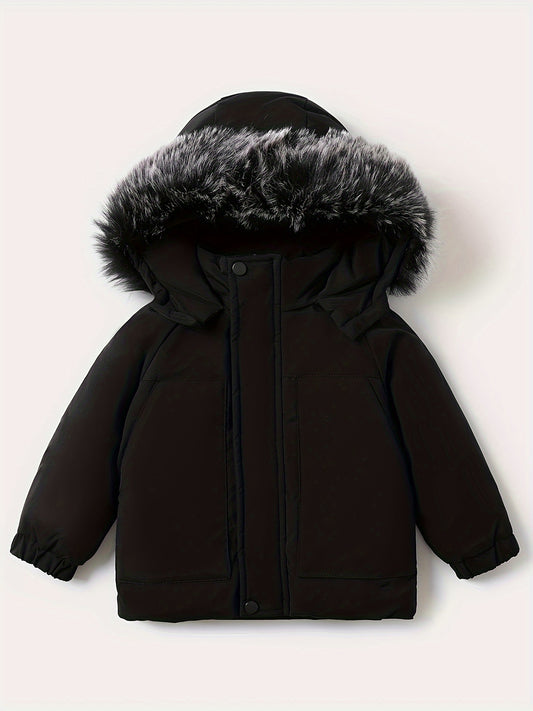 Cozy Boys' Hooded Jacket With Removable Fleece Collar - Casual & Warm Autumn And Winter Coat For Young Ones