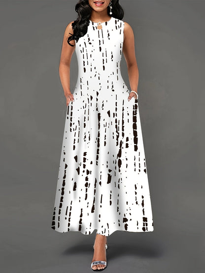 Abstract Print Midi Dress, Elegant Keyhole Sleeveless Dress, Women's Clothing