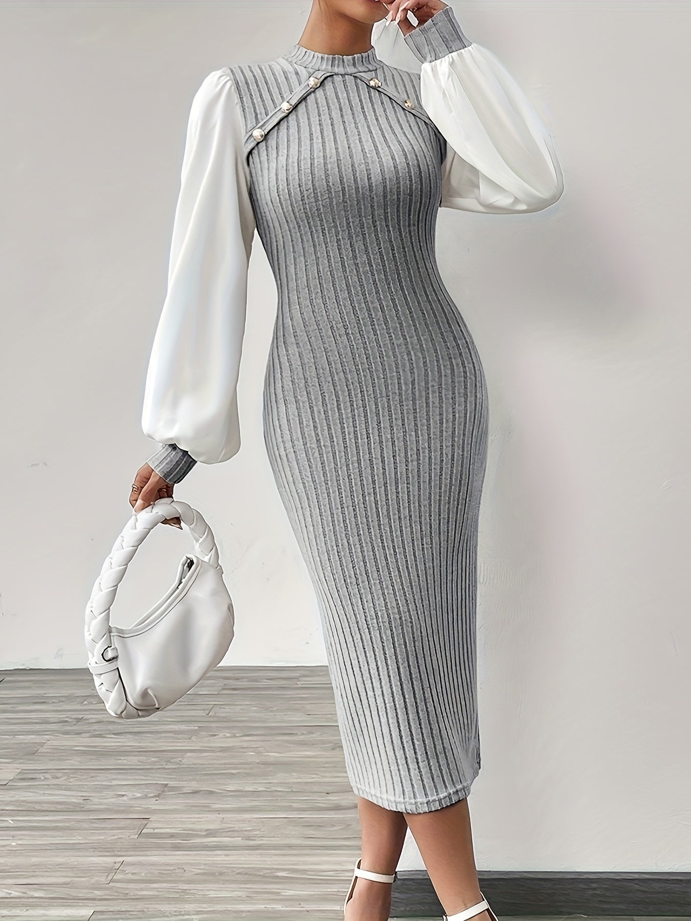 Ribbed Knit Button Decor Sheath Dress, Elegant Mock Neck Lantern Sleeve Midi Length Dress, Women's Clothing