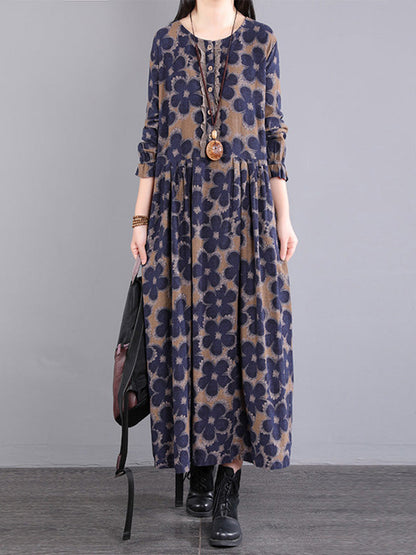 vmtvr - Casual Long Sleeves Loose Floral Printed Round-Neck Midi Dresses