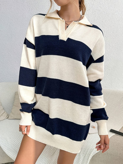 Color Block Turndown Collar Knit Dress, Elegant Long Sleeve Loose Mini Dress, Women's Clothing