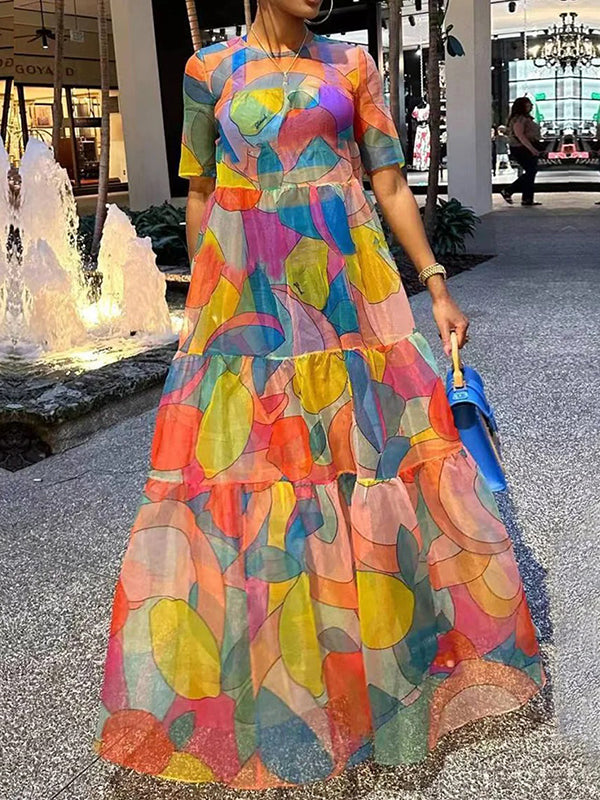 vmtvr - Loose Short Sleeves Multi-Colored Split-Joint Maxi Dresses