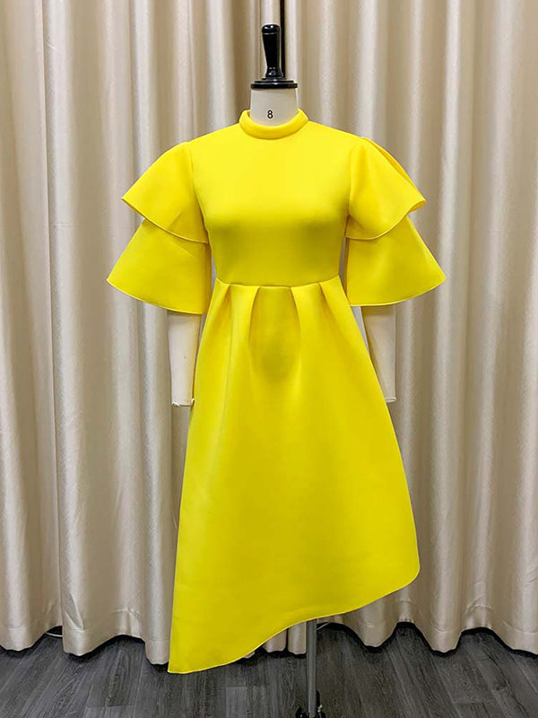 Original Loose Half Sleeves Falbala Solid Color Round-Neck Midi Dresses