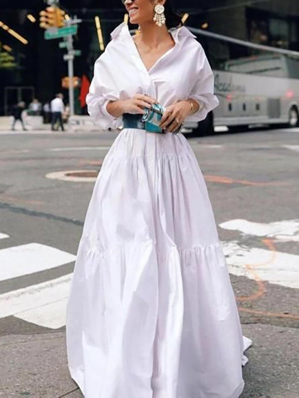 vmtvr - Long Sleeves Loose Belted Pleated Solid Color Lapel Maxi Dresses