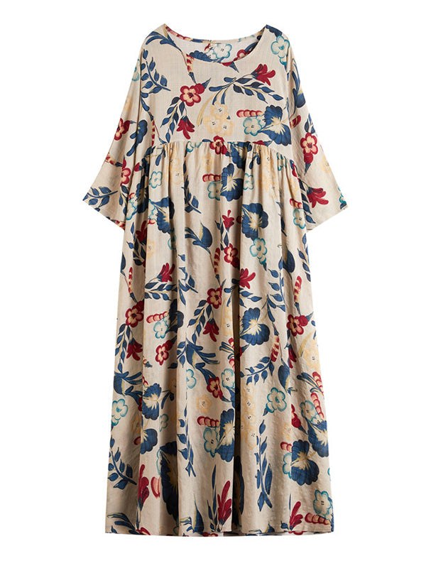 vmtvr - Casual Floral Printed Split-Joint Round-Neck Flared Batwing Sleeves Loose Maxi Dress