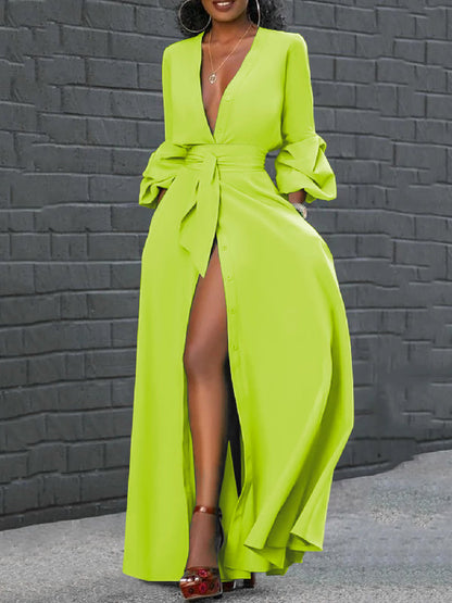 Puff Long Sleeves Buttoned Solid Color Deep V-Neck Maxi Shirt Dresses