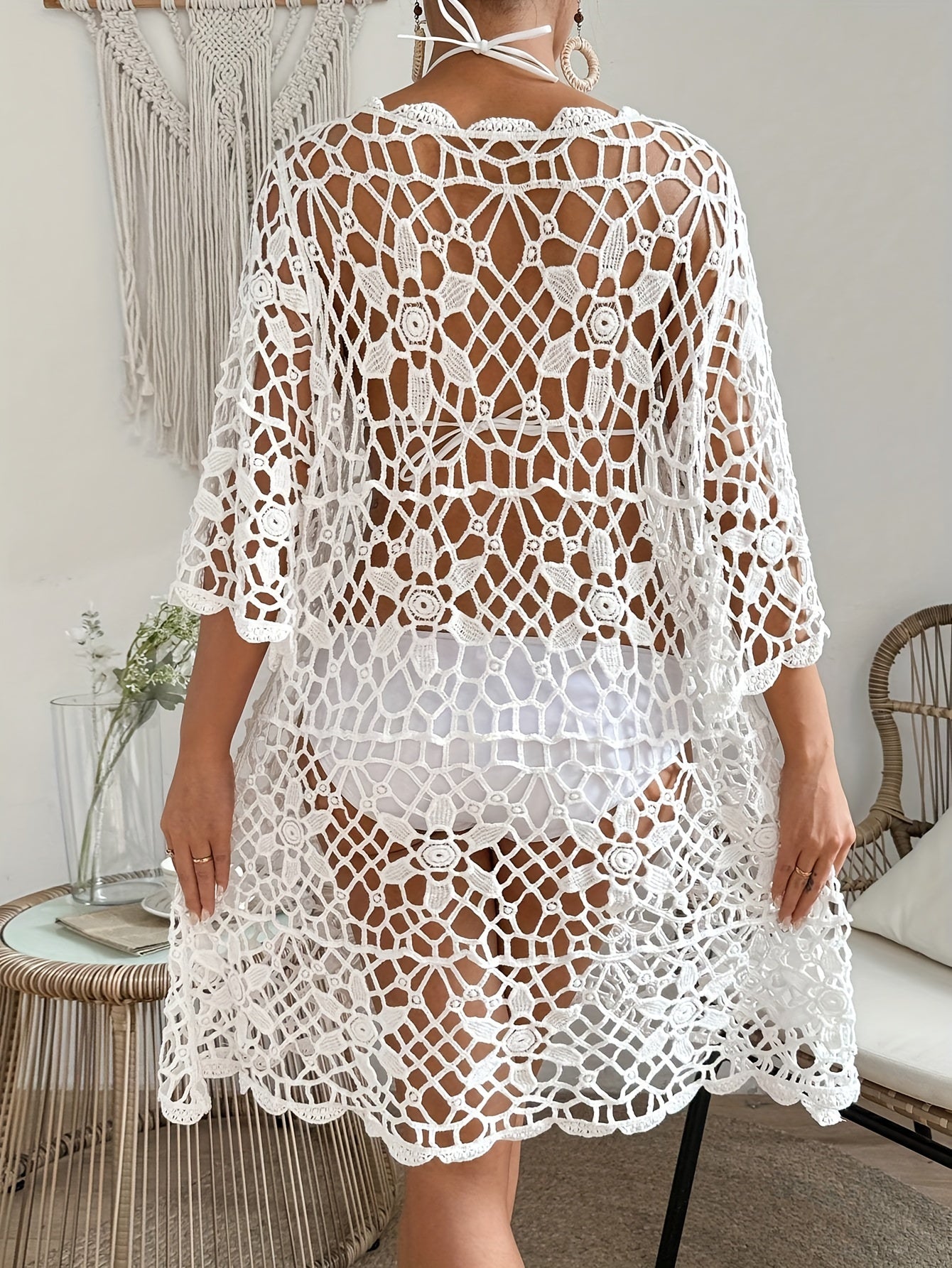 Boho Style Floral Hollow Out Knitted Semi Sheer Loose Fit Cover Up Dress Without Bikini, Women's Swimwear & Clothing