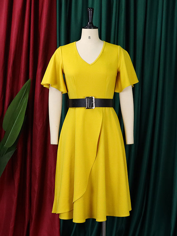 vmtvr - Irregular Clipping Plus Size Belted Solid Color Round-Neck Midi Dresses