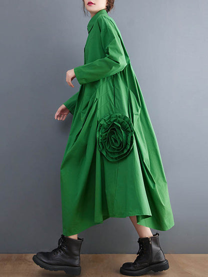 vmtvr - Urban Floral Applique Pleated Long Sleeves Shirt Dress Midi Dress