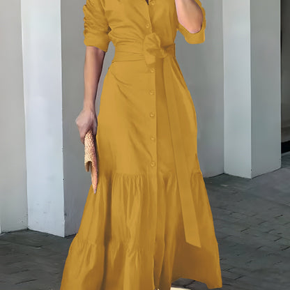 vmtvr - Solid Button Front Belted Dress, Elegant Ruched Sleeve Ruffle Trim Maxi Dress, Women's Clothing