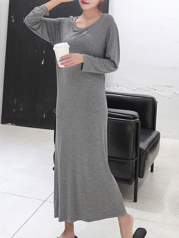 vmtvr - Simple Modal Solid Color Round-Neck Long Sleeves Midi Dress