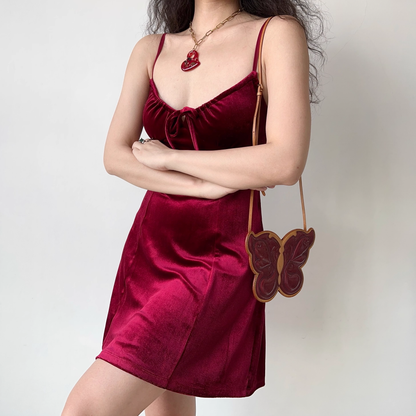 - Women's retro burgundy velvet suspender dress GEU825