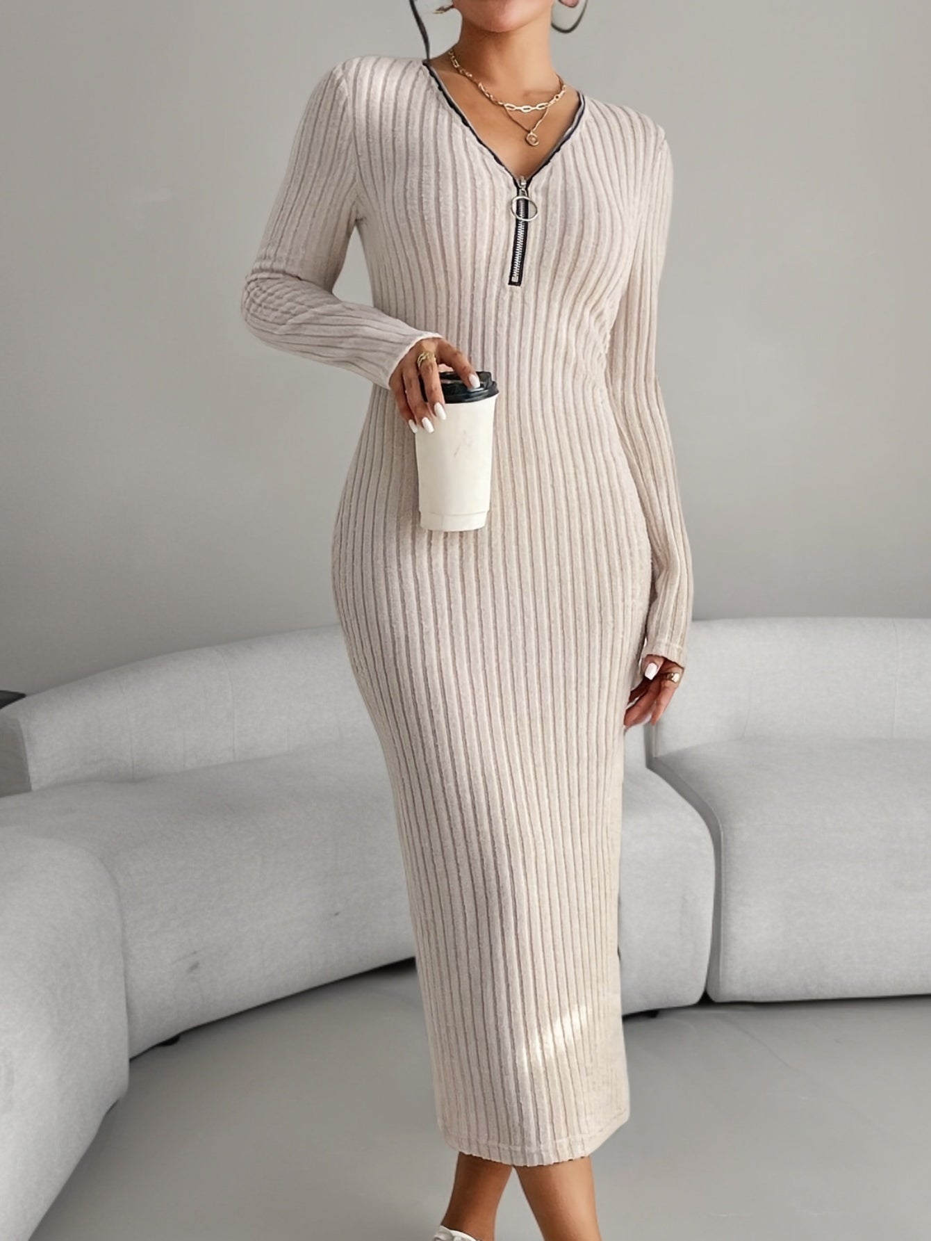 Elegant Spring/Fall V-Neck Pencil Dress - Comfortable Mid-Elastic Knit, Chic Zip-Up, Durable & Easy-Care