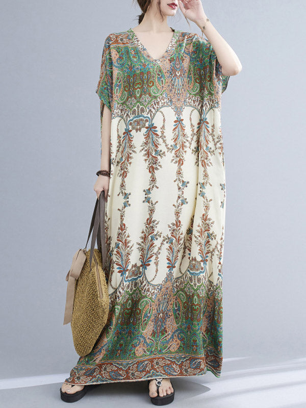 vmtvr - Vintage Floral Printed V-Neck Batwing Sleeves H-Line Maxi Dress