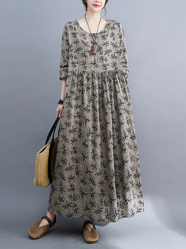 vmtvr - Artistic Retro Long Sleeves Loose Floral Printed Round-Neck Midi Dresses