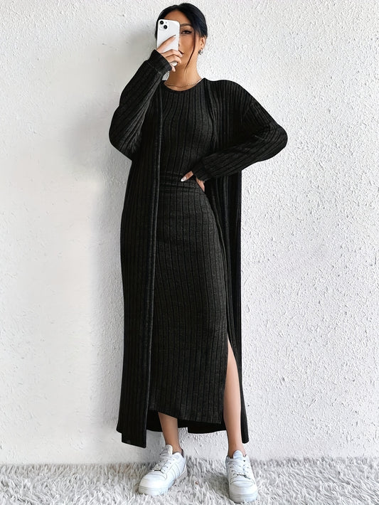 Solid Ribbed Knitted Dress Set, Elegant Open Front Long Sleeve Drop Shoulder Cardigan & Crew Neck Split Tank Dress Outfits, Women's Clothing