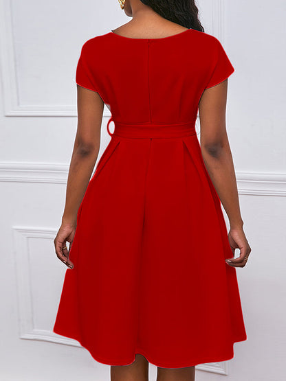 vmtvr - Bowknot Lace-Up Solid Color V-Neck Midi Dresses