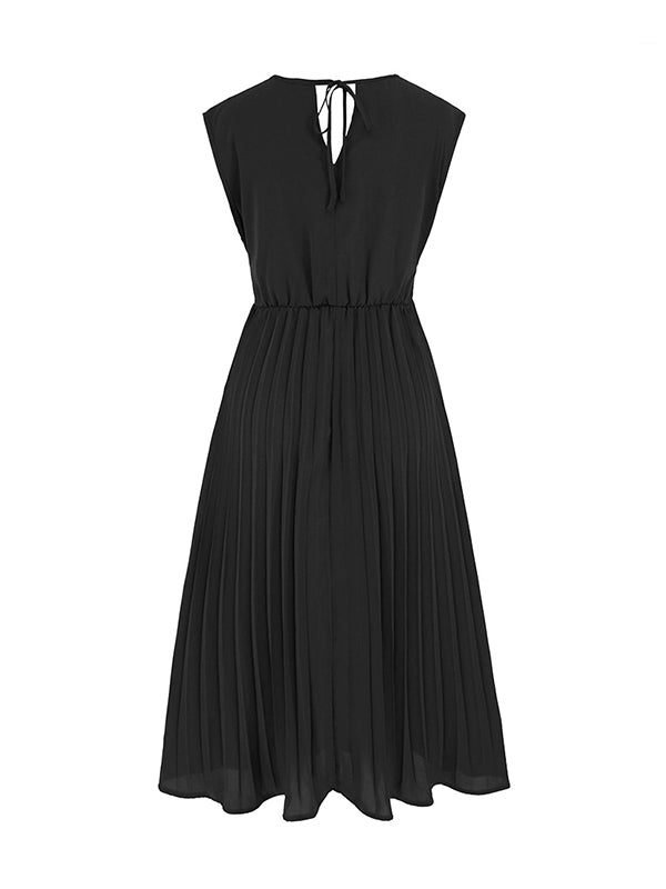 vmtvr - Sleeveless Pleated Solid Color Tied Waist V-Neck Midi Dresses