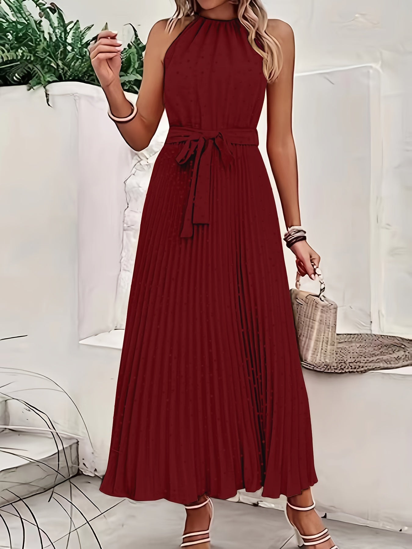 Solid Pleated Dress, Elegant Sleeveless Knotted Maxi Dress, Women's Clothing