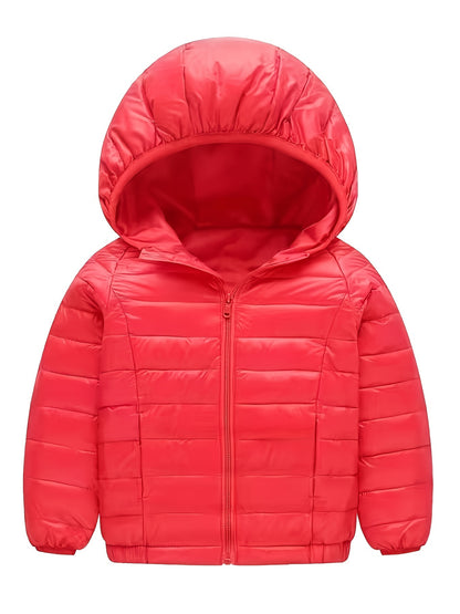 Kid's Solid Color Hooded Down Jacket, Light-weight Warm Zip Up Jacket, Boy's Clothes For Winter Outdoor, As Gift