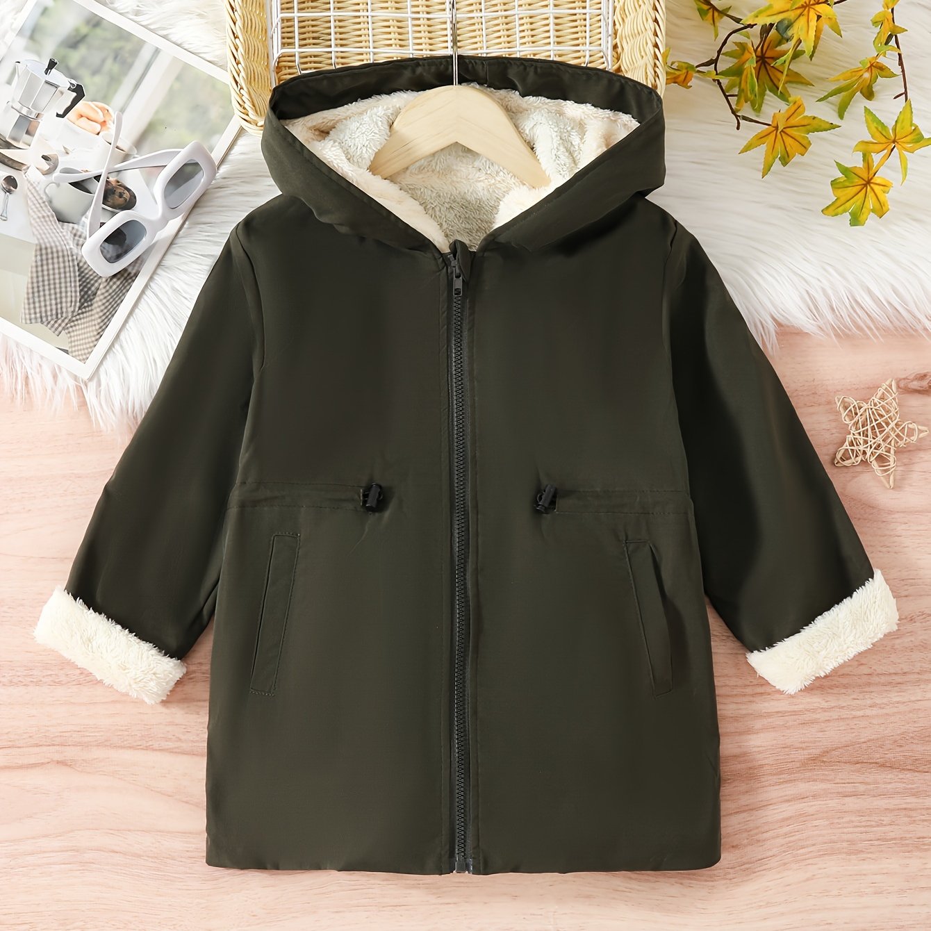 Boys Stylish Solid Color Mid-length Wind Resistant Fleece Lining Hooded Jacket, Long Sleeve Zip Up Water Resistant Jacket, Boys Clothes Outdoor