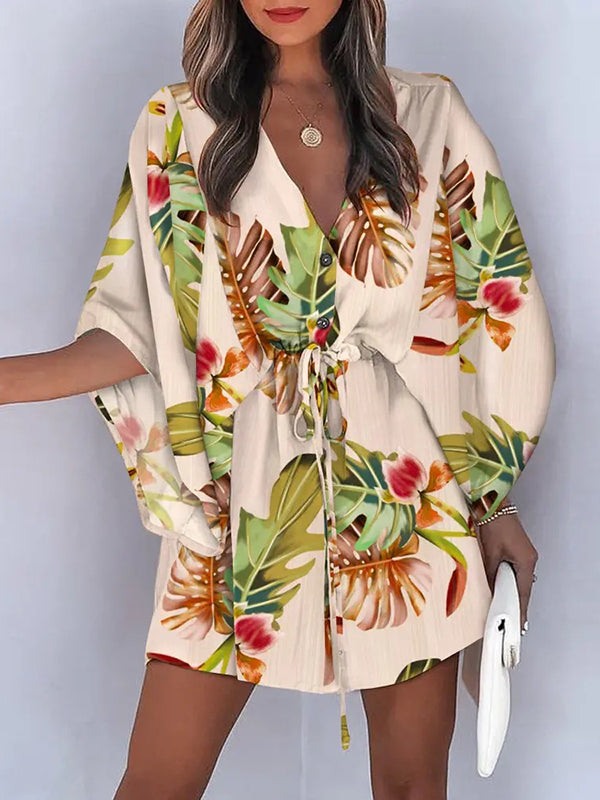 vmtvr - Original Loose Floral Printed Tied Buttoned Mini Shirt Dress