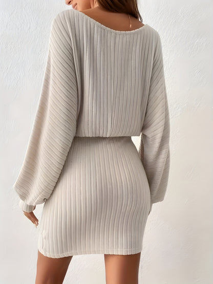 Ribbed Knit Batwing Sleeve Dress, Elegant Crew Neck Tie-waist Dress, Women's Clothing