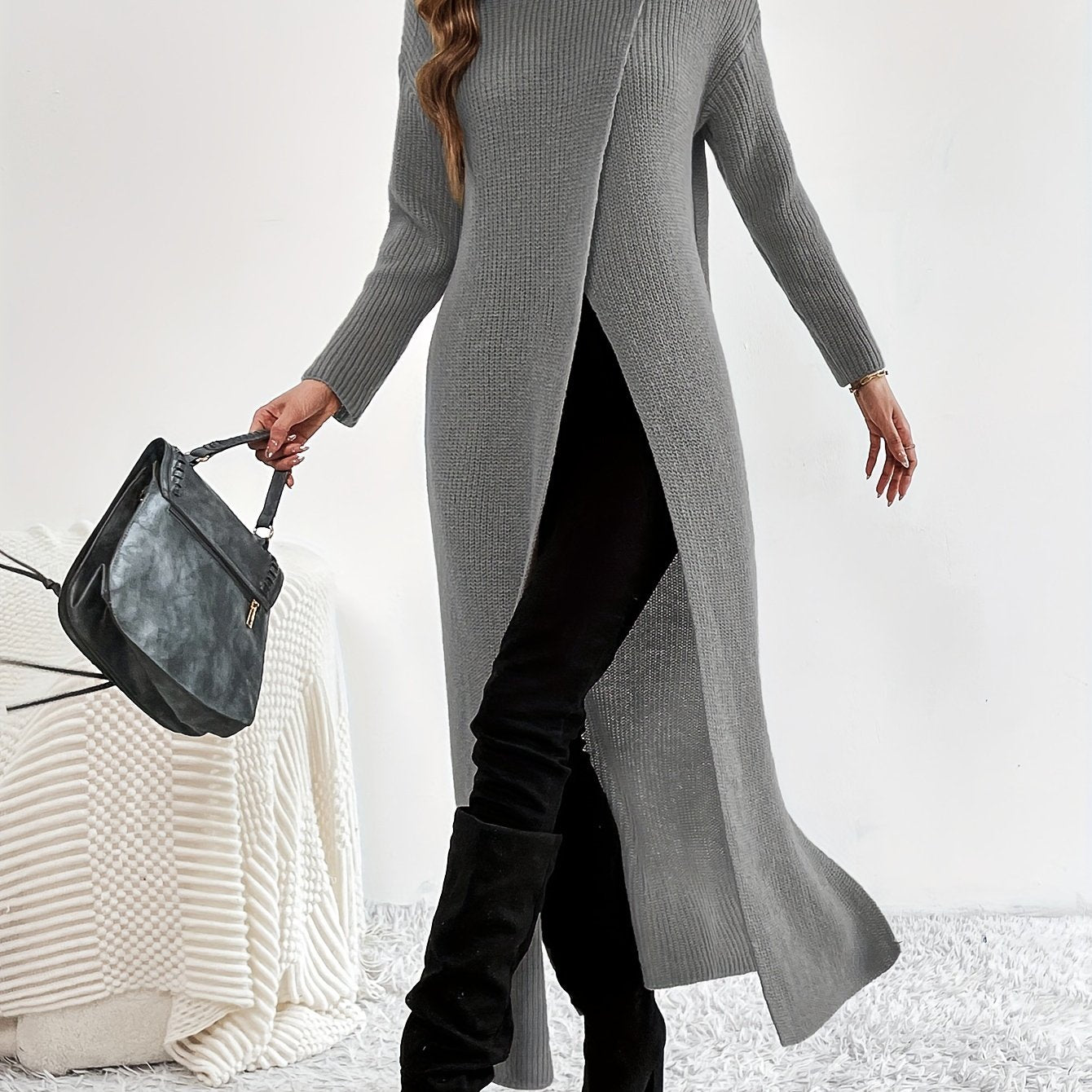 Solid High Neck Split Dress, Elegant Long Sleeve Maxi Dress, Women's Clothing