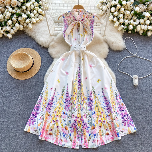 - Printed holiday dress sweet bow collar sleeveless dress for women GEU1208