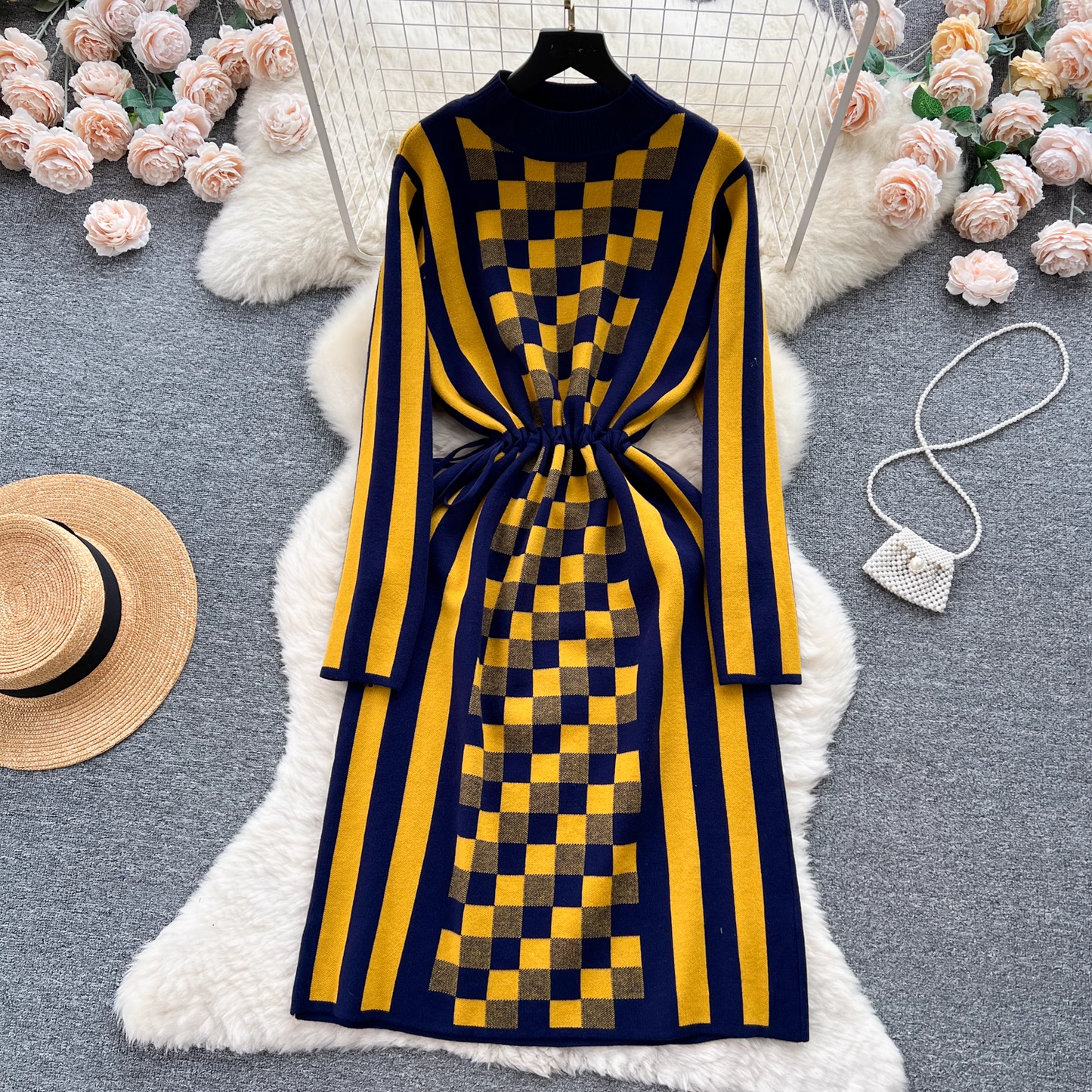 - New women's design color-blocked checkerboard drawstring waist long-sleeved knitted dress for women GEU617