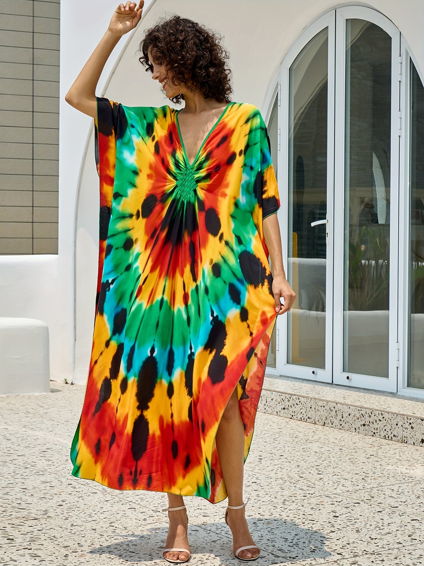 Color Block V Neck Dress, Boho Batwing Sleeve Maxi Dress, Women's Clothing