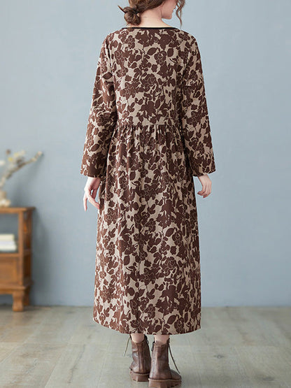 vmtvr - Artistic Retro Ramie Cotton Floral Printed Pleated Round-Neck Long Sleeves Midi Dress