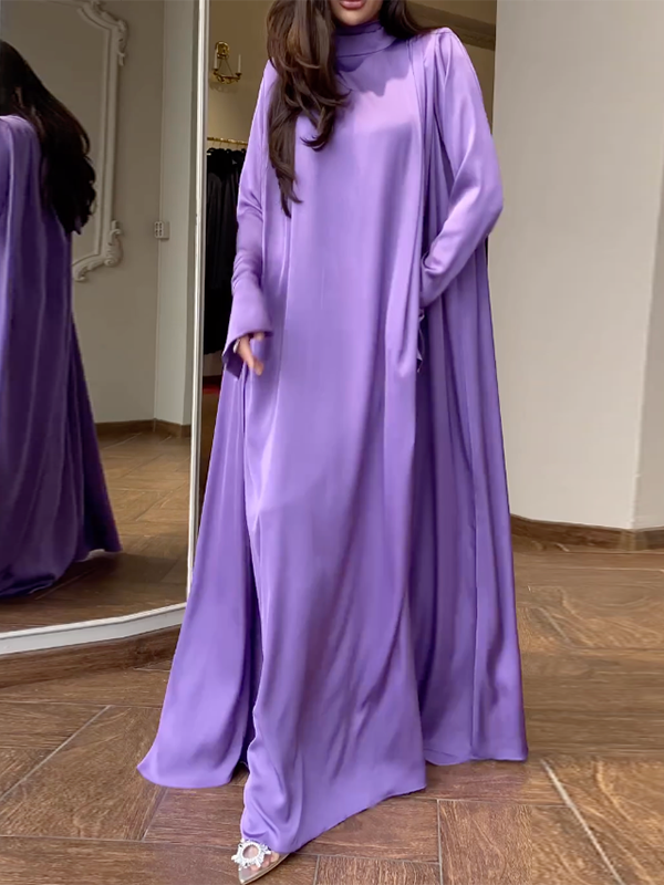 vmtvr - Flared Sleeves Long Sleeves Solid Color High-Neck Maxi Dresses