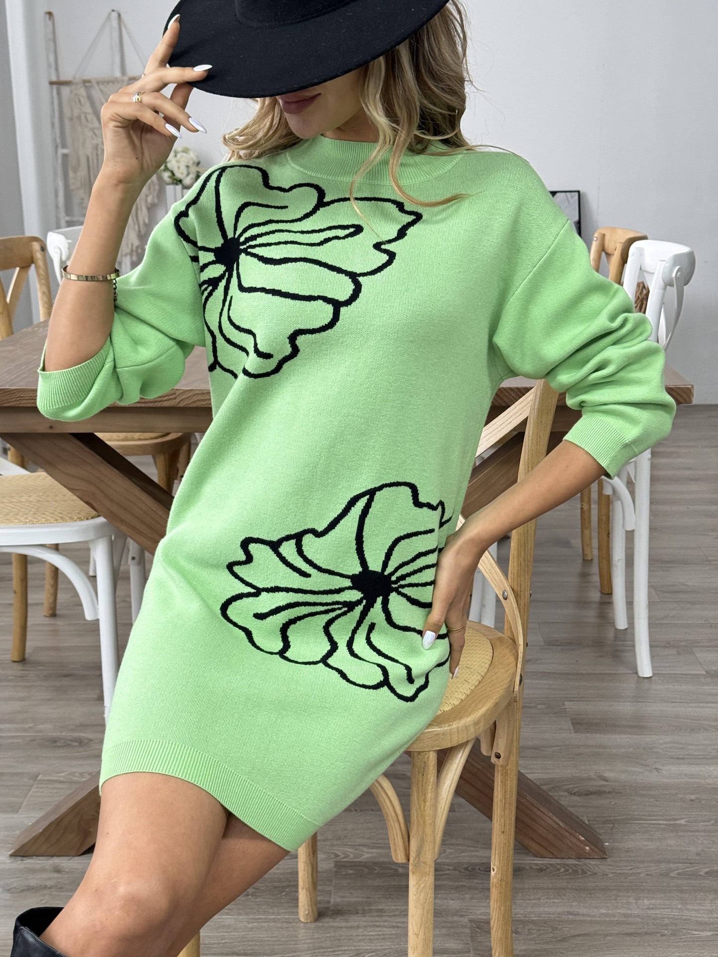 Floral Print Long Sleeve Knit Dress, Elegant Crew Neck Slim Dress For Spring & Fall, Women's Clothing